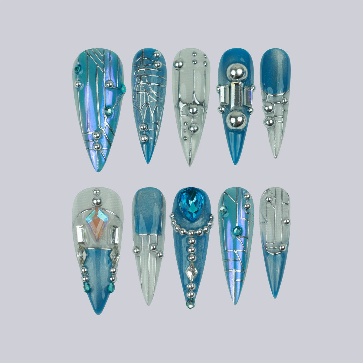 Cyber Siren long stiletto press-on nails, blue-silver chrome with 3D gem – Briluxe