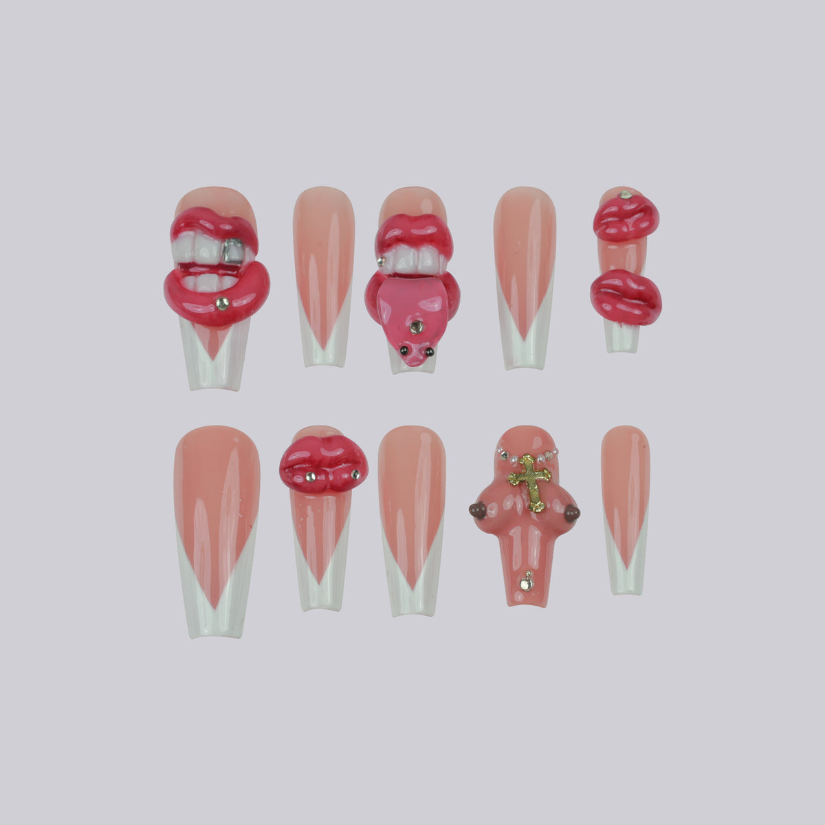 Kiss Me Harder long coffin press-on nails, 3D lips – Briluxe