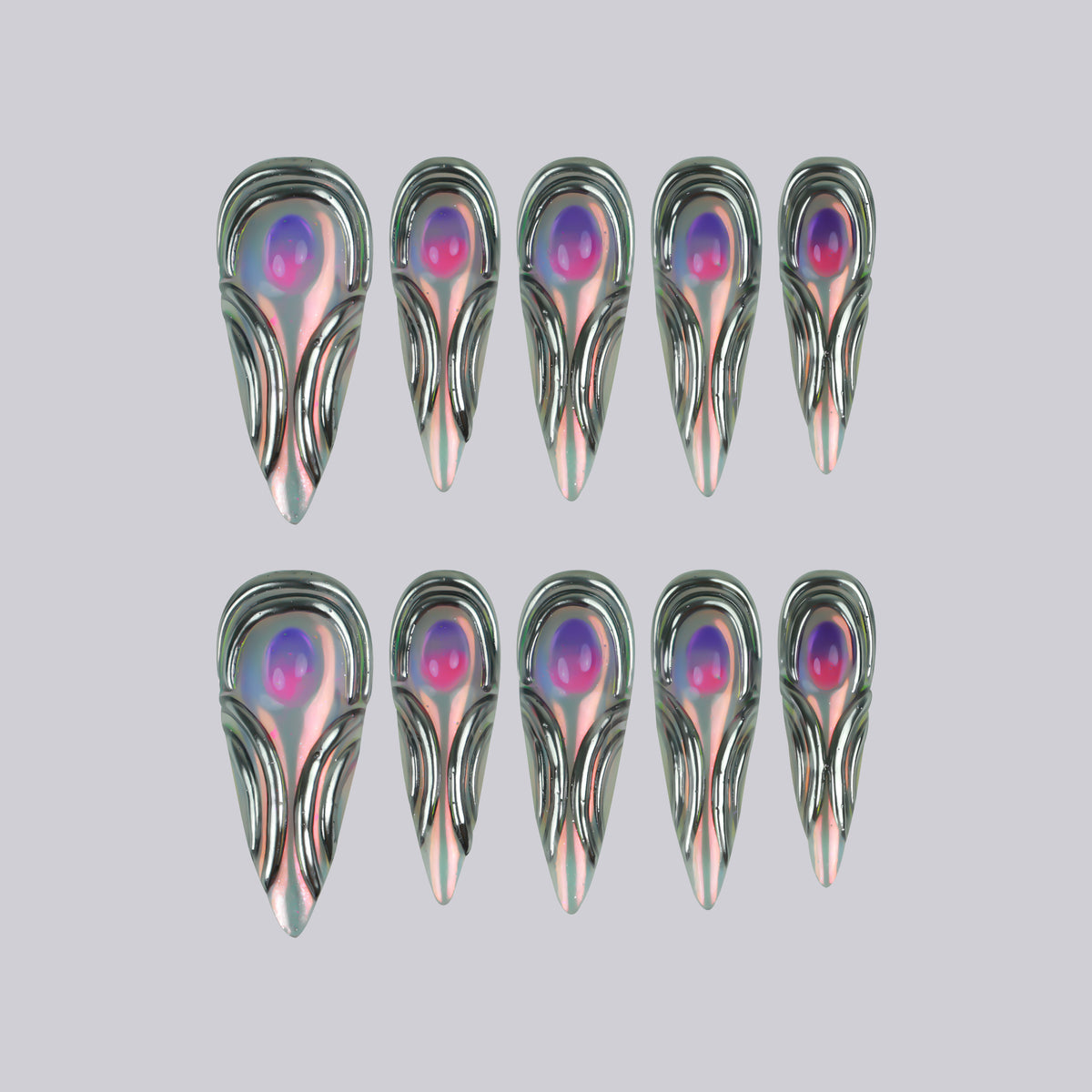 Neon Core Drip long stiletto press-on nails, 3D chrome with neon gem – Briluxe