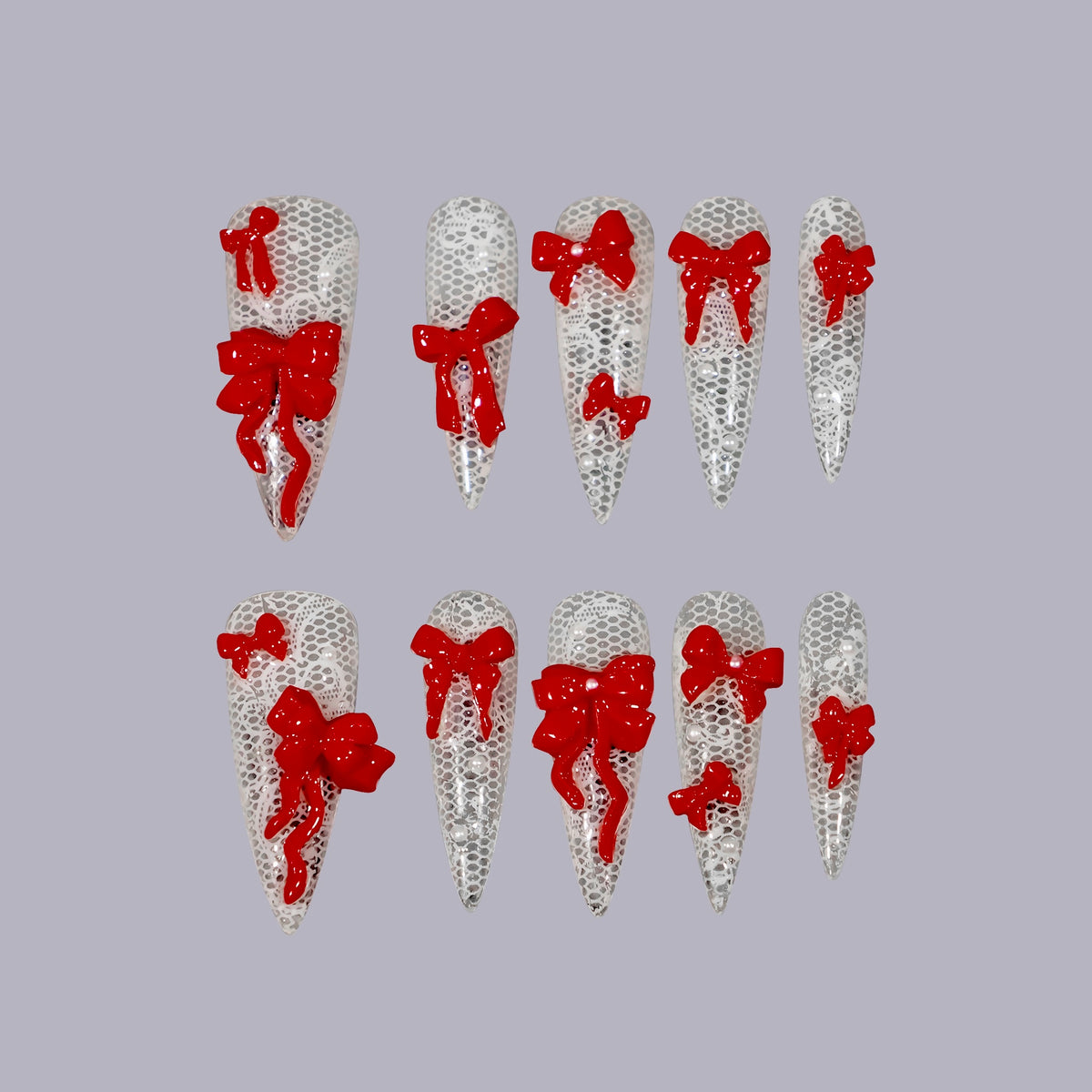 Ribbon Trouble long stiletto press-on nails, lace with red 3D bows – Briluxe